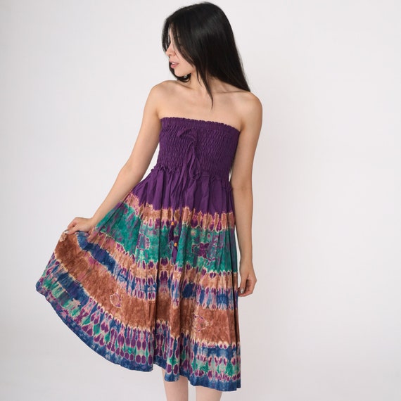 Strapless Sun Dress Purple Smocked Hippie Y2K Tie Dye Dress Summer Midi Boho Sundress 00s Bohemian Vintage Purple Green Small Medium