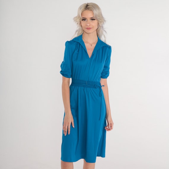 Blue Dress 70s Midi Dress Short Puff Sleeve High Elastic Waist Collared V Neck Secretary Day Plain Chic Blouson Vintage 1970s Extra Small xs