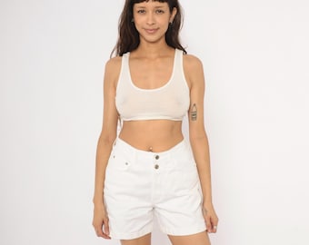 90s White Denim Shorts Arizona Jeans High Waist Cuffed Hem Cotton Mom Jean Summer Casual Preppy Collegiate Rolled Leg Cream Vintage Small S