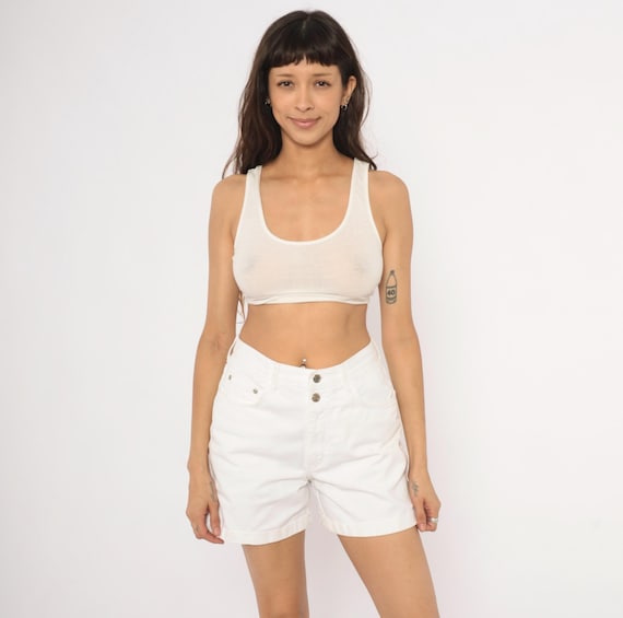 90s White Denim Shorts Arizona Jeans High Waist Cuffed Hem Cotton Mom Jean Summer Casual Preppy Collegiate Rolled Leg Cream Vintage Small S
