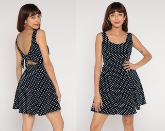 Polka Dot Mini Dress Y2k Black Skater Dress Retro Fit and Flare Cutout Open Back Day Sleeveless Keyhole White Minidress Vintage 00s Small S