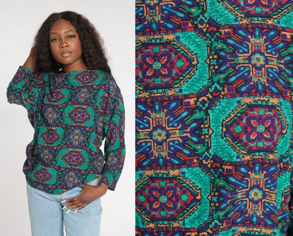 Tile Print Top 90s Colorful Long Sleeve Shirt Geometric Floral Medallion Blouse Grunge Boho Green Blue Red 1990s Vintage Rayon Medium M