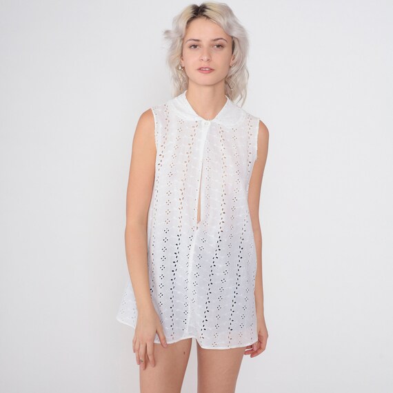 White Eyelet Tank Top 80s Tunic Top Lace Cutout Shirt Peter Pan Collar Cut Out Sleeveless Blouse Boho Vintage 1980s Charmode Extra Small xs