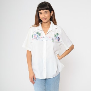 90s Hawaiian Shirt White Hula Girl Palm Tree Shirt Tropical Embroidered 1990s Aloha Button Up Short Sleeve Surf Tiki Vintage Size 16 xl