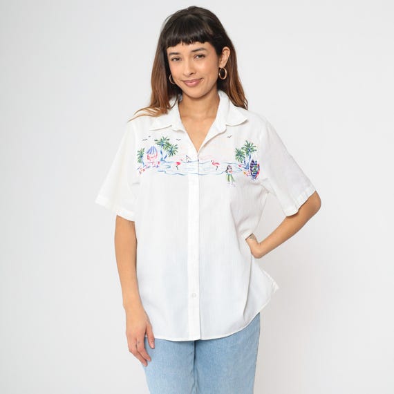 90s Hawaiian Shirt White Hula Girl Palm Tree Shirt Tropical Embroidered 1990s Aloha Button Up Short Sleeve Surf Tiki Vintage Size 16 xl