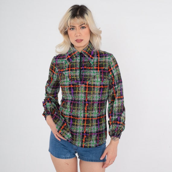 70s Checkered Blouse Panhandle Slim Plaid Shirt Zip Up Polo Shirt Dagger Collar Green Orange Black Retro Disco Vintage Long Sleeve Small S