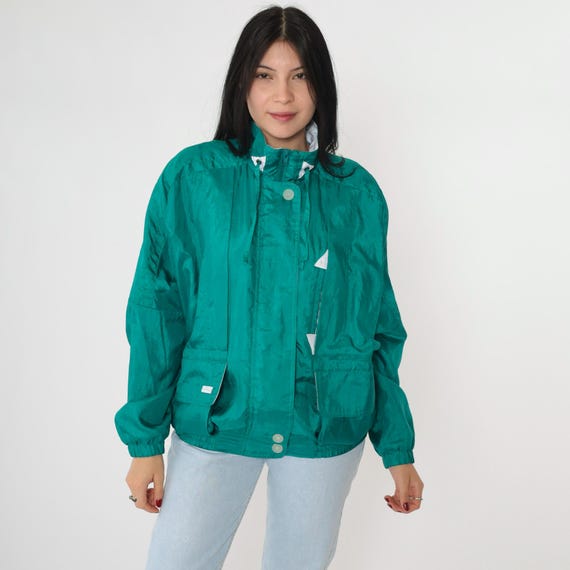90s Green Windbreaker Cargo Pocket Triangle Accent Zip Up Bomber Jacket 80s Funnel Neck Plain Teal Retro Light Vintage 1990s Oversized Small