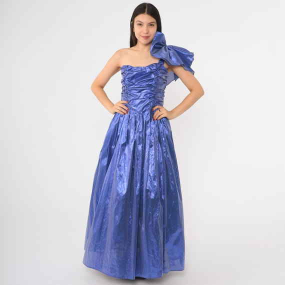 Vintage 80s Metallic Taffeta Prom Dress Purple Evening Gown Sweetheart Neckline Gunne Sax One Shoulder Ball Gown Formal Maxi Extra Small xs