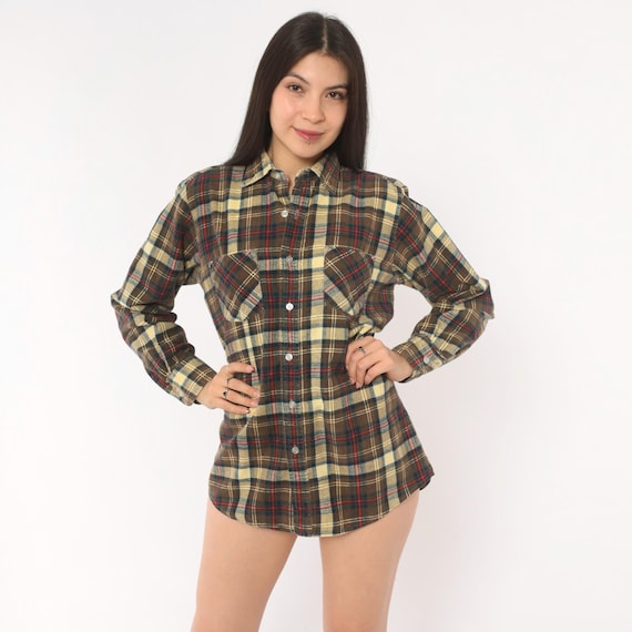 90s Grunge Flannel Shirt Brown Plaid Cotton Long Sleeve Tan Red Navy Pattern Collar Workwear Camping Woodsy Vintage Top Blouse Small S
