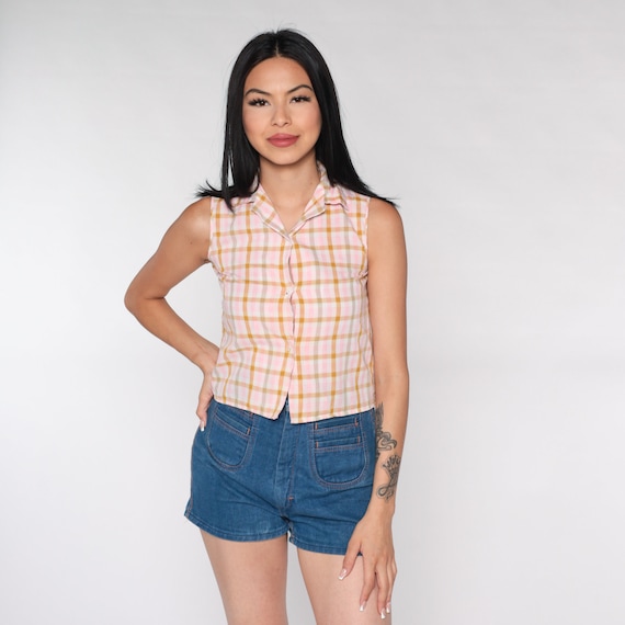 Pink Checkered Shirt 60s 70s Tank Top Plaid Blouse Checkered Top Button Up Blouse 1970s Vintage Sleeveless Preppy Print 2xs xxs