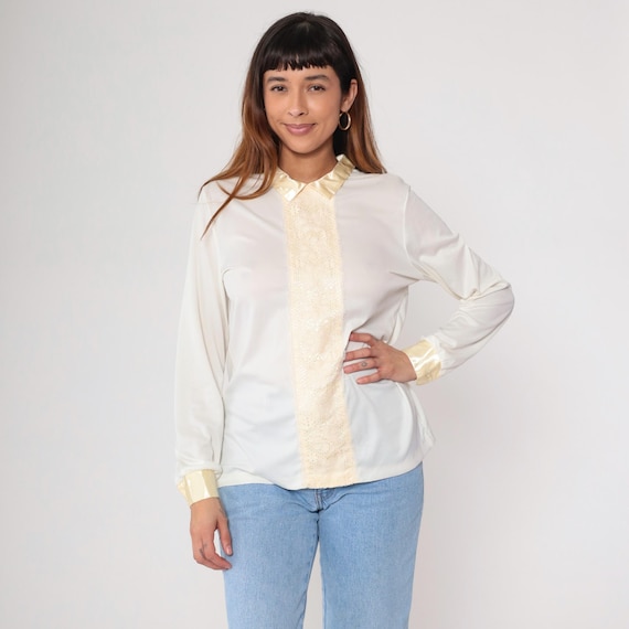 Prairie Blouse 70s White Cream Lace Long Sleeve Button Up Vintage Cottagecore Victorian Romantic Heirloom Inspired Antique Look Medium M