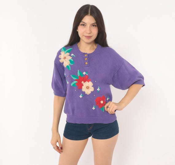 Floral Embroidered Sweater 80s Purple Knit Henley Puff Sleeve Cotton Pullover Violet Top Cottagecore Boxy Grandma Vintage Womens Medium M