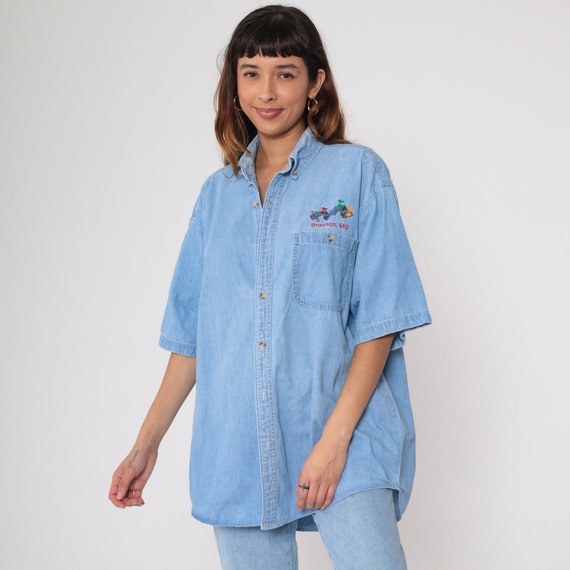 Denim Branson Missouri Shirt Music Note Blue Jean Shirt Collar 1990s Short Sleeve Boyfriend Button Up Vintage Retro Oversize Extra Large xl