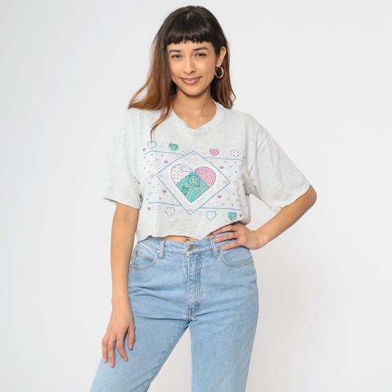 Vintage Cropped Heart T-Shirt 90s Grey Crop Top Cottagecore Patchwork TShirt Graphic Top Short Sleeve 1990s Cut Off Tee Large L