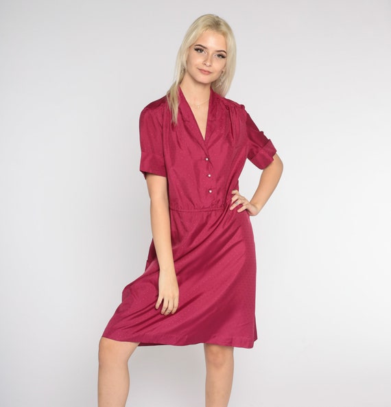80s Shirtwaist Dress Berry Red Mini Dress Embossed Dot Retro Button Up Secretary High Waist Short Sleeve Collar Vintage 1980s Medium Large