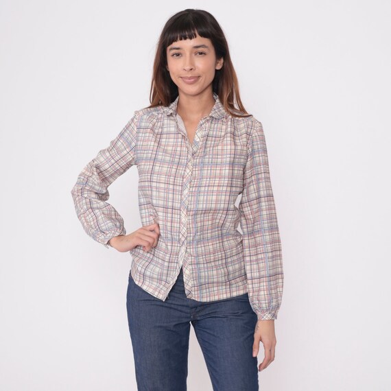 80s Plaid Blouse Pastel Button Up Shirt Checkered… - image 3