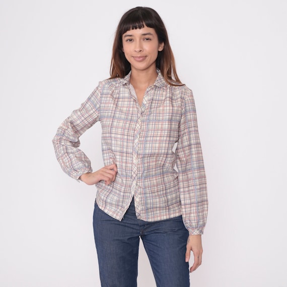 80s Plaid Blouse Pastel Button Up Shirt Checkered… - image 3