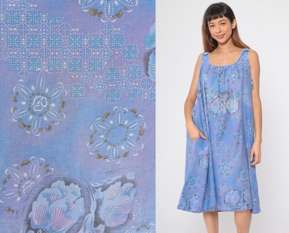 Floral Sundress 90s Blue Purple Tent Dress Flowy Trapeze Sleeveless Day Mandala Flower Print Knee Length Vintage 1990s Anthony Richards XL