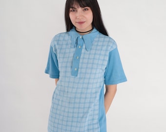 Blue Checkered Polo Shirt 70s Collared T-Shirt Half Button Up Short Sleeve Basic Simple Check Print Preppy Top Ribbed Vintage 1970s Medium M