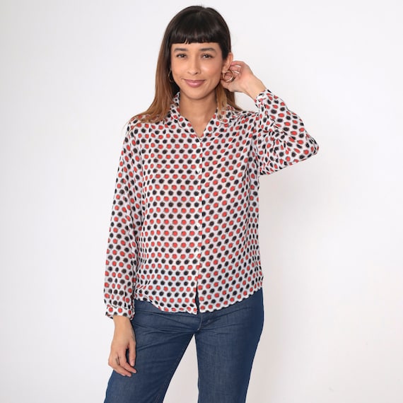70s Disco Shirt Circle Belt Novelty Print Button Up Polka Dot Blouse Red Black White Boho Collar Top 1970s Hippie Vintage Long Sleeve Medium