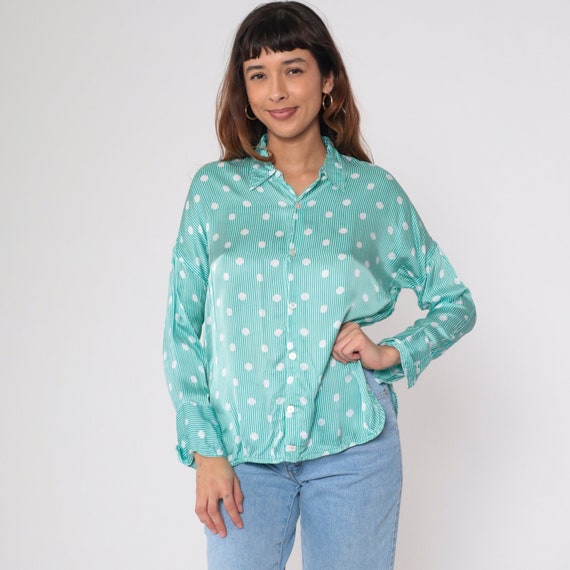 Satin Polka Dot Shirt -- 90s Green White Top Striped Button Up Shirt Long Sleeve Blouse Vintage 1990s Retro Oversized Euro 34