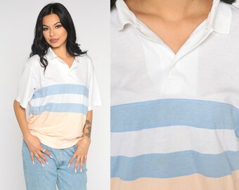 80s Striped Polo Shirt White Peach Blue Stripes Short Sleeve Banded Hem Button Neck Color Block Slouchy Top 1980s Vintage Medium Large