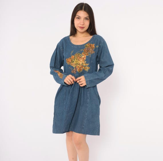 80s Denim Dress Blue Cotton Painted Floral Grape Gold Glitter Long Sleeve Pockets Pullover Jean Prairie Cottagecore Fall Autumn Large L