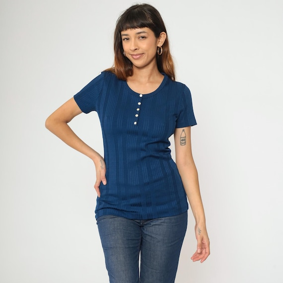 70s Navy Blue Baby Tee Shirt Vintage Mod Ribbed Top Tight Scoop Neck Shirt Button Up Polyester Short Sleeve 1970s Retro Plain Medium M