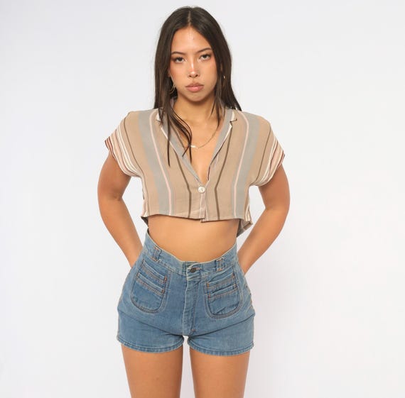 70s Striped Crop Top Grey Taupe Button Front Camp Collar Boxy Cropped Blouse Mauve Purple Stripe Sheer Short Sleeve V Neck Vintage Medium M