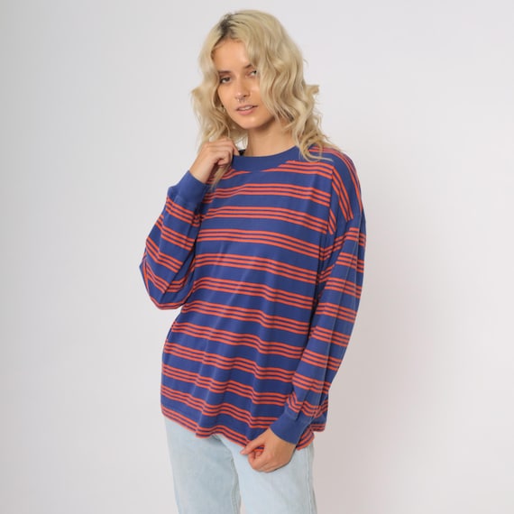 Vintage 90s Striped Shirt Blue Orange Long Sleeve T Shirt 1990s Tshirt Crew Neck Basic Retro Tee Cotton Lizsport Large L