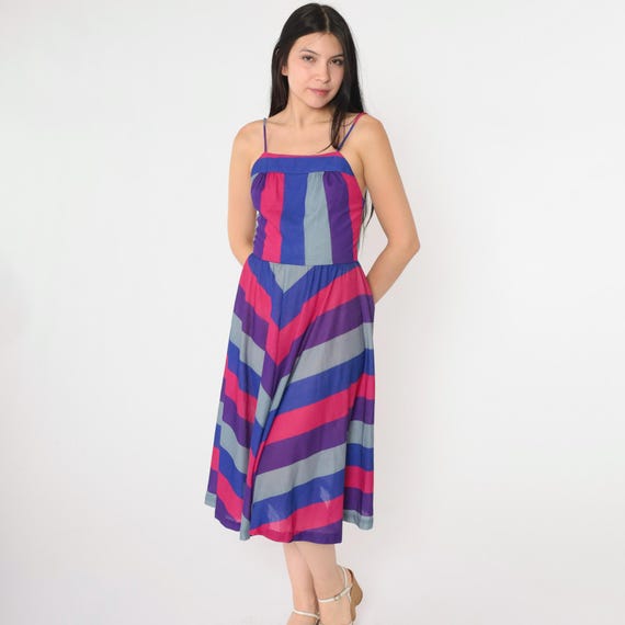 80s Sundress Chevron Striped Midi Dress Blue Pink Purple Boho Hippie 1980s Bohemian Spaghetti Strap Open Back Sun Summer High Waist Small S