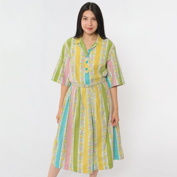 Vintage 60s Floral Shirt Dress Striped Rockabilly Midi Shirtdress 1960s Day Pastel Green Button Up Short Sleeve High Waist Extra Large xl