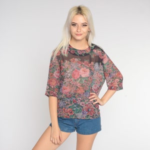 Sheer Floral Blouse 90s Boho Top Black Print Botanical Shirt 3/4 Sleeve 1990s Vintage Glam See Through Medium Large