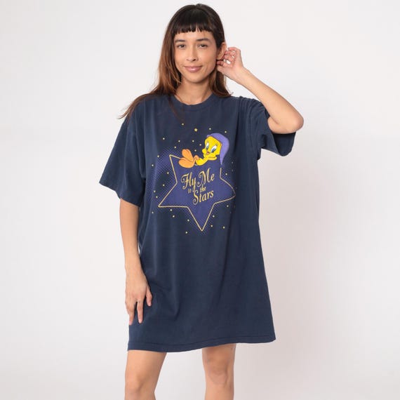 Tweety Bird Nightgown 90s Warner Bros Cotton Navy Sleep Shirt Fly Me To Stars Oversized Cartoon Character Looney Tunes Vintage One Size