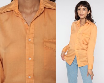 70s Orange Shirt Long Sleeve Shirt Sheer Oxford Shirt Button Up Shirt Disco Shirt Plain Shirt Vintage Hipster Collared Small Medium
