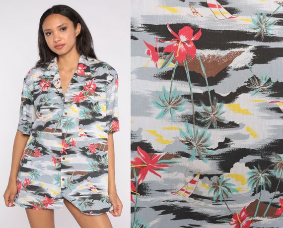 80s Hawaiian Shirt Tropical Button Up Shirt Grey Palm Tree Sailboat Island Graphic Retro Tourist Surfer Shirt Vintage 1980s Men's Large L