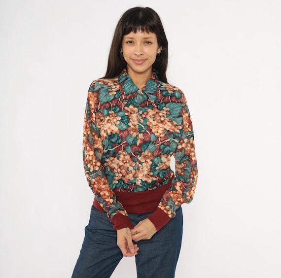 70s Grape Vine Blouse Shirt Burgundy Teal Fruit Pattern Print Pointed Collar Long Sleeve Top Wine Ribbed Cuffs Waistband Women Medium M