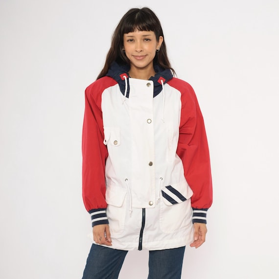 90s Colorblock Windbreaker White Red Navy Hooded Snap Front Parka Raglan Sleeve Striped Cuff Cotton Anorak Sporty Jacket Medium M
