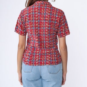 90s Plaid Blouse Red Embroidered Button Up Shirt Short Sleeve Eyelet Collared Top Checkered Preppy Casual Summer Vintage 1990s Small Medium image 5