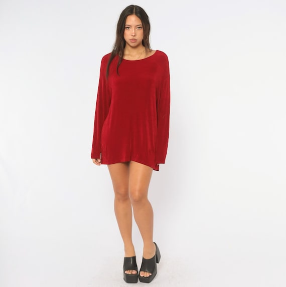90s Red Mini Dress Burgundy Long Sleeve Scoop Neck Boxy Tunic Shift Stretch Wine Crimson Solid Slouchy Pullover Grunge Vintage Medium M