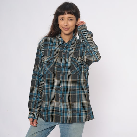 70s Plaid Flannel Shirt Jacket Blue Gray Charcoal Grunge Towncraft Chest Pockets Dark Academia Grandpacore Granola Guy Long Sleeve Large L