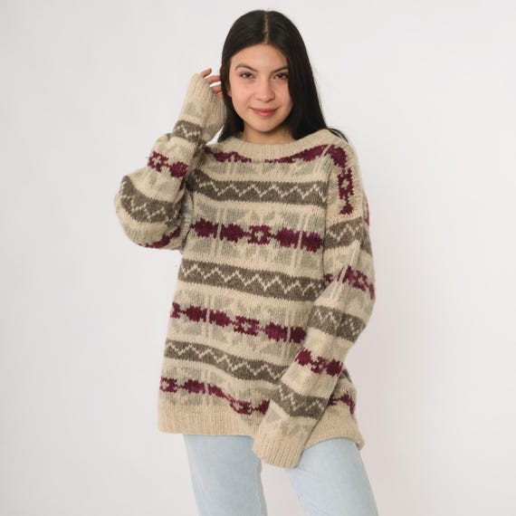 90s Wool Sweater Vintage Beige Gray Burgundy Striped Pattern Knit Crewneck Long Sleeve Warm Winter Pullover Medium