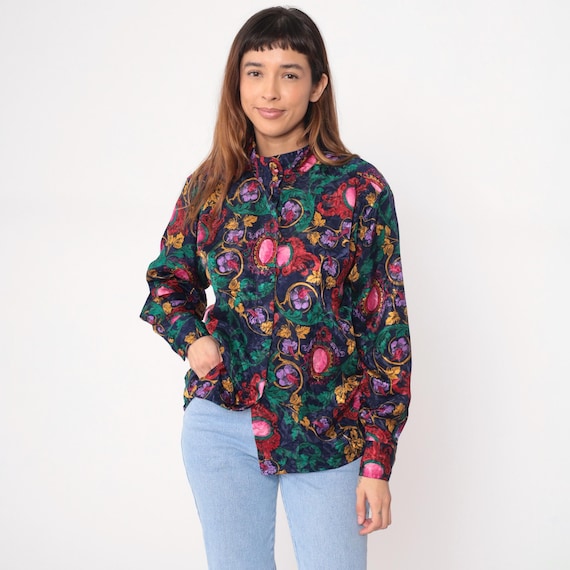Psychedelic Baroque Shirt 90s Blouse Navy Red Green Pink Purple Gold Medallion Motif Long Sleeve Decorative Vintage Office Large L