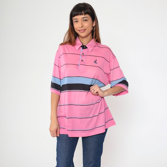 Santa Anita Polo Shirt 80s Pink Striped Collared Shirt Embroidered Peacock Button Up California Vintage 1980s Blue Men's Extra Large xl