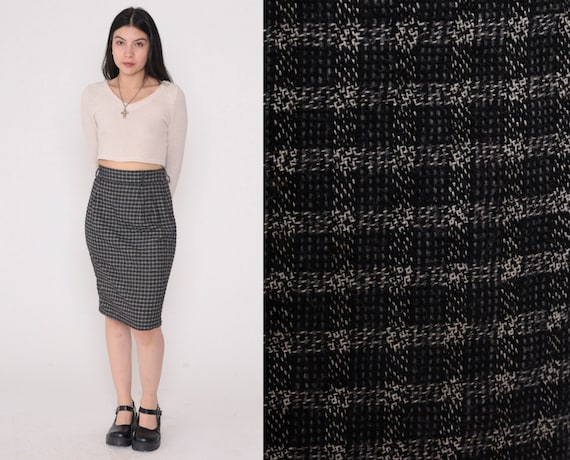 Checkered Pencil Skirt 90s Black Grey Mini Skirt Plaid Check Print