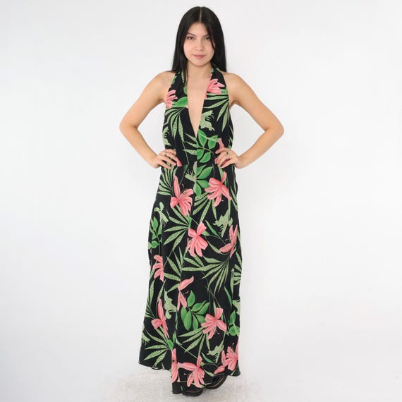 Y2K Floral Halter Neck Dress Black Tropical Deep V Neck Vintage Maxi Summer Plunge Neckline Boho 00s Backless High Waist Sundress Size 20