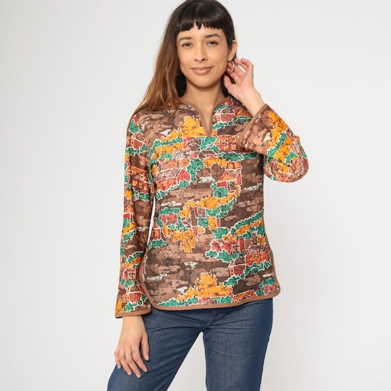 Vintage 70s Novelty Print Shirt Brown Hippie Village Print Blouse Slit Neck Boho Top Bohemian 1970s Long Sleeve Bohemian Medium M