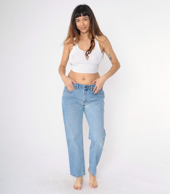 Vintage 90s Lee Jeans Men's 33 Straight Leg Knee Rip High Waisted Relaxed Denim Pants Boyfriend Blue 1990s Size 33 x 30 Regular Fit