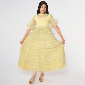 60s Yellow Dress Tiered Maxi Dress Puff Sleeves Lace Trim Prairie Cottagecore Fairycore Coquette Romantic Dreamy Princess Extra Small XS