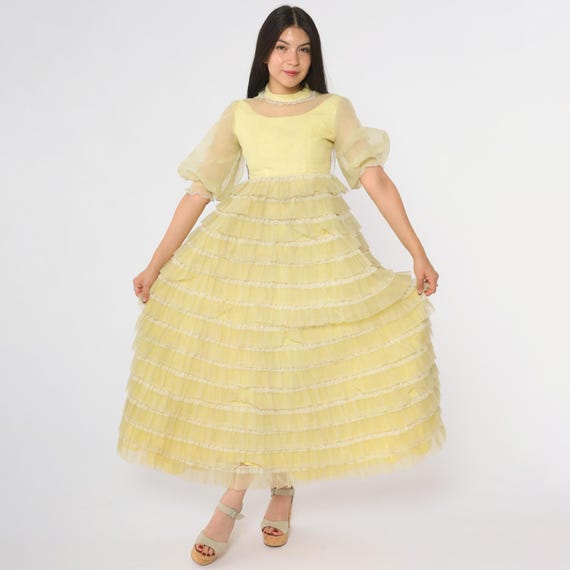 60s Yellow Dress Tiered Maxi Dress Puff Sleeves Lace Trim Prairie Cottagecore Fairycore Coquette Romantic Dreamy Princess Extra Small XS